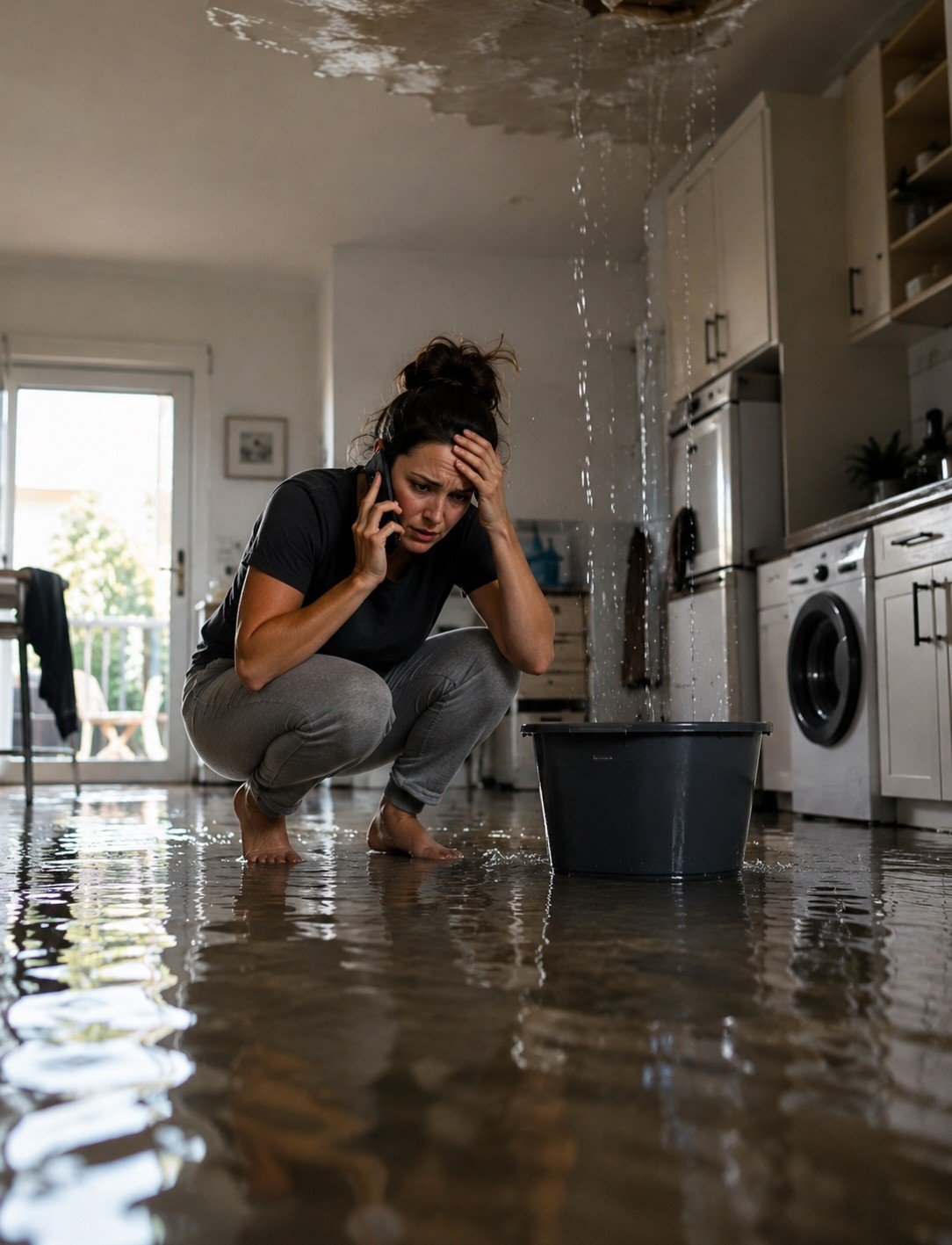 Stressed woman facing a serious water leak inside her home